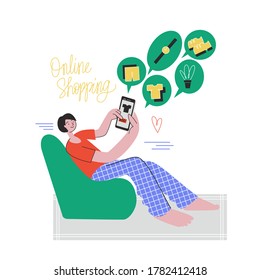 Online Shopping. A man buys goods without leaving home using a smartphone. Concept vector illustration flat design