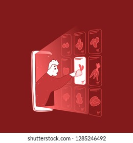 Online shopping. Man buys vegetables in the online store through the phone. Vector illustration.