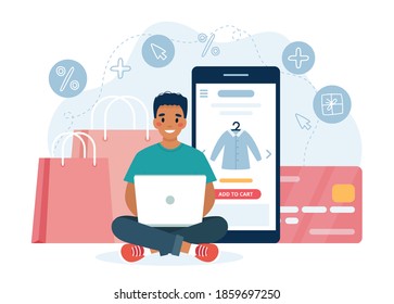 Online shopping with man character with computer and big screen, sale concept.