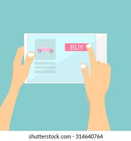 Online shopping with man holding Tablet vector