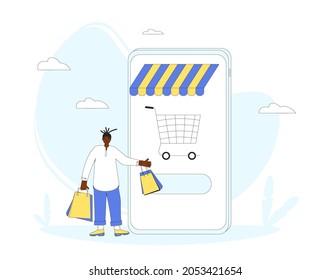 Online shopping. Man with huge smartphone and shopping bags. Filled line vector illustration.