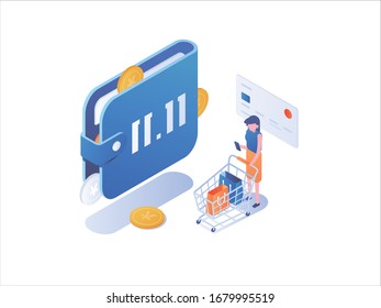 online shopping man pushing shopping cart and wallet Flat isometric vector illustration.