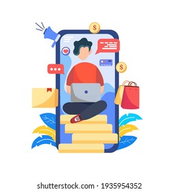 Online shopping. A man shop at an online store sitting on a couch. The product catalog on the web browser page
