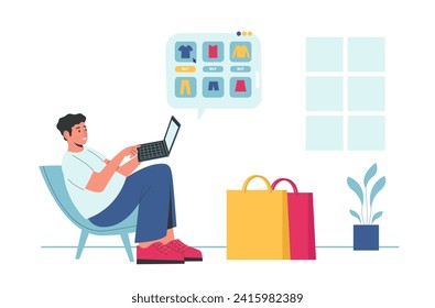 Online shopping. Man sitting with laptop and choosing clothes in shop. Guy buying goods in internet. Male character ordering at home shopping bags. Clicking to buy t-shirt on website vector