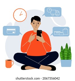 Online shopping. The man is sitting with a mobile phone. The buyer orders the product online. Payment, delivery, receipt
