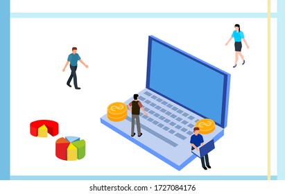 Online shopping, man walking on laptop, isometric vector image