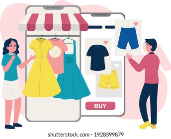 Online Shopping, Man And Woman Choosing Clothes. Flat Design Illustration. Vector