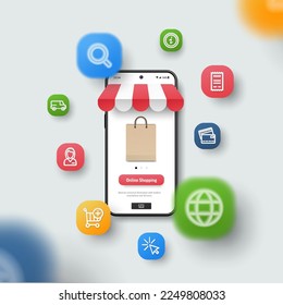 Online shopping, Marketing and Commerce concept. Realistic smartphone mockup, 3d icons flying over screen. Business application interface design. Vector background, transparent shadows, blur effect.