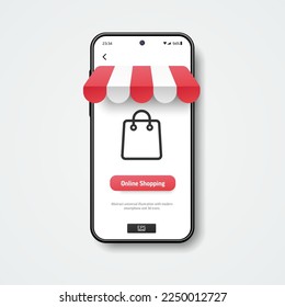 Online shopping, Marketing and Commerce concept. 3d realistic smartphone mockup with marquise, bag icon and red button on screen. Business application interface design. Vector background.