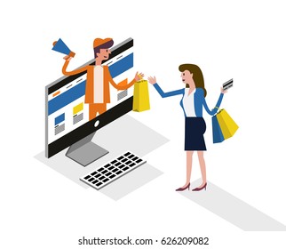 Online shopping and online marketing on computer desktop concept. Flat 3d isometric Vector illustration.