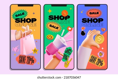 Online shopping marketing promo stories template set with bright colored shopping elements and stickers. Vector illustration