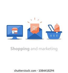 Online Shopping And Marketing Strategy, Abandoned Cart Email Remainder, News Letter Subscription, Basket With Bell, Sales Improvement, Loyalty Program, Promotion Offering, Vector Flat Icon Set