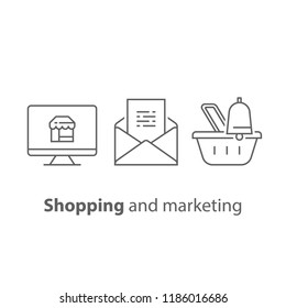 Online Shopping And Marketing Strategy, Abandoned Cart Email Remainder, News Letter Subscription, Basket With Bell, Sales Improvement, Loyalty Program, Promotion Offering, Vector Thin Line Icon