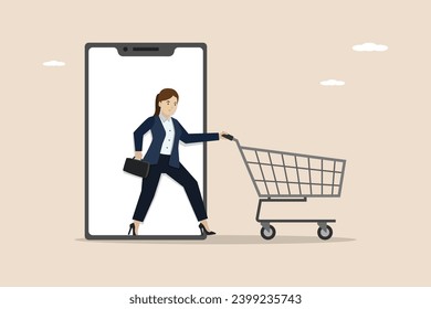 Online shopping, online marketing strategy, online shopping business concept, mobile application and online shopping service via smartphone, woman pushing shopping cart out of smarphone screen.