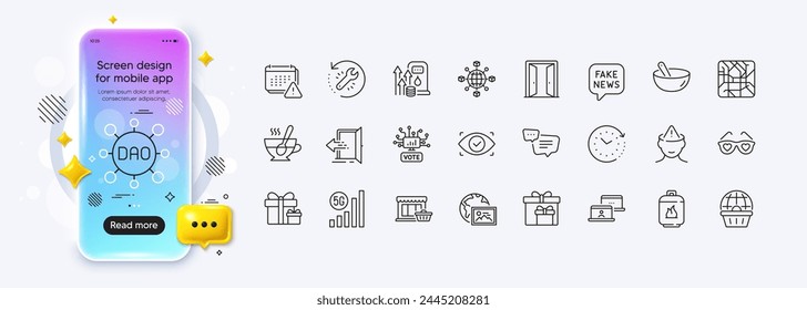 Online shopping, Marketplace and Cooking mix line icons for web app. Phone mockup gradient screen. Pack of Text message, Web photo, Logistics network pictogram icons. Vector