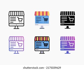 Online Shopping Marketplace icon set with line, outline, flat, filled, glyph, color, gradient. Editable stroke and pixel perfect. Can be used for digital product, presentation, print design and more.