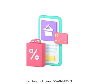 Online shopping marketplace mobile app sale discount 3d icon realistic vector illustration. Supermarket shop store credit debit card payment smartphone application special offer price off e business