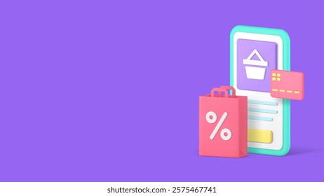 Online shopping marketplace mobile app sale discount banner copy space vector illustration. Supermarket shop store credit debit card payment smartphone application special offer price off e business