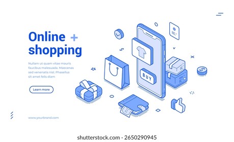 Mercado de compras on-line aplicativo móvel esboço isométrico web banner design modelo vetor ilustração. Loja da Internet mercado compra de mercadorias compra comercial negócio varejo landing page
