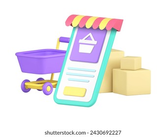 Online shopping marketplace order delivery service smartphone application 3d icon realistic vector illustration. Internet shop store market supermarket mobile phone app cyberspace retail web business