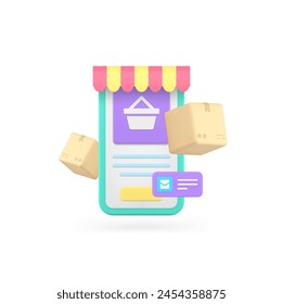 Online shopping marketplace order delivery smartphone application 3d icon realistic vector illustration. Internet awning store shop goods purchasing cyberspace supermarket service mobile phone account