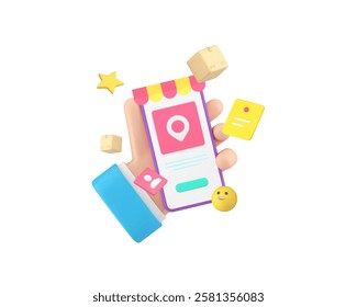 Online shopping marketplace order delivery smartphone application 3d icon realistic vector illustration. Business man hand holding mobile phone with internet shop store supermarket commercial app