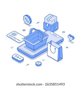 Mercado de compras on-line ordem aplicativo de smartphone minimalista isométrica vetor ilustração. Loja de compras na Internet compras de supermercado entrega móvel app web digital technology