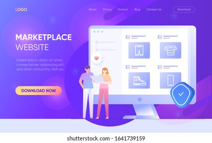 Online Shopping Marketplace People Man Woman Character Landing Page Website Concept Vector Design Illustration 