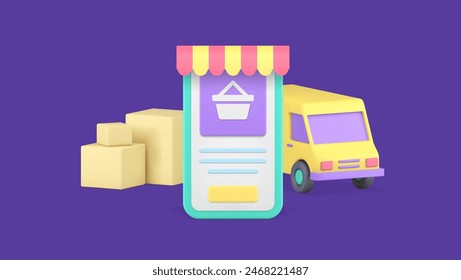 Online shopping marketplace smartphone application order delivery 3d icon realistic vector illustration. Internet store shop mobile phone commercial e business cyberspace retail buying goods platform