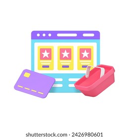 Online shopping marketplace web site browser order payment card with basket 3d icon realistic vector illustration. Internet browsing cyberspace shop store supermarket goods buying e business service