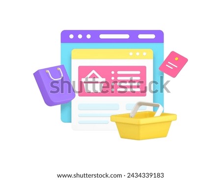 Online shopping marketplace website browser order purchase 3d icon realistic vector illustration. Internet shop store market supermarket cyberspace buying goods web browsing menu interface with cart