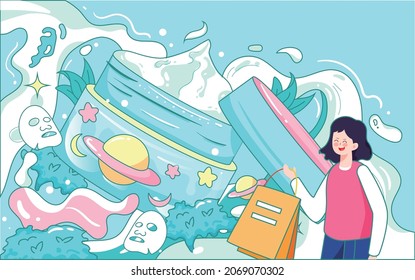 Online shopping mask, electricity supplier, girls, holiday shopping, sales promotion activities illustration