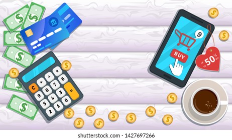 Online shopping. M-commerce. Flat smartphone with 50 percent off on price tag, cart icon, cursor pointer clicking buy button on screen. Desk with credit card, calculator, cash, coins and cup coffee