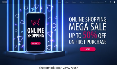 Online shopping, mega sale, blue discount banner with offer and smartphone on triangular podium with neon line wall on background