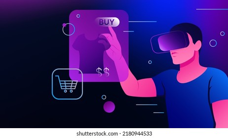 Online Shopping in Metaverse. Man in VR Goggles buying clothes Illustration. Vector illustration