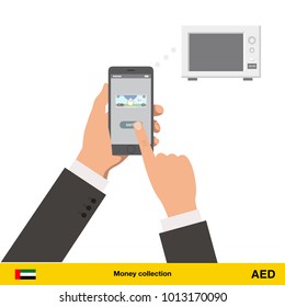 Online shopping for microwave. Dirham banknote. E-commerce platform concept vector illustration.