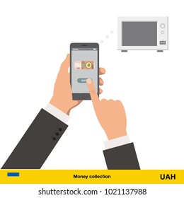 Online shopping for microwave.  hryvnia banknote. E-commerce platform concept vector illustration.