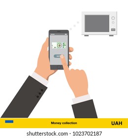 Online shopping for microwave.  hryvnia banknote. E-commerce platform concept vector illustration.