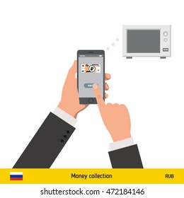 Online shopping for microwave. Russian Ruble banknote. E-commerce platform concept vector illustration.