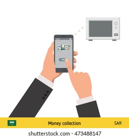Online shopping for microwave. Saudi Arabian riyal banknote. E-commerce platform concept vector illustration.