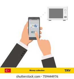 Online shopping for microwave. Turkey lira banknote. E-commerce platform concept vector illustration.

