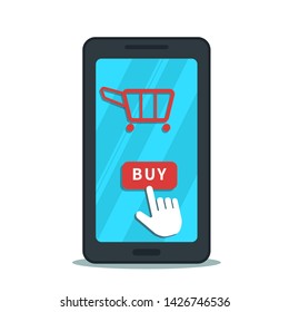 Online shopping with mobile app, business concept. Hand cursor pointer click buy button on flat smartphone screen with shopping cart icon isolated on white background. Product purchase.