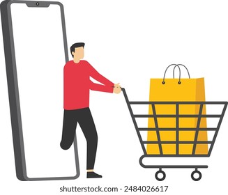 Online shopping or mobile shopping app concept, young man consumer holding credit cart pushing full of goods and box packages in shopping cart trolley running from website or app on mobile smart phone
