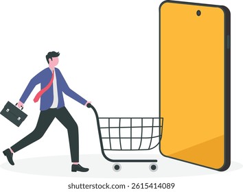 Online shopping or mobile shopping app concept, young man consumer holding credit cart pushing full of goods and box packages in shopping cart trolley running from website or app on mobile smart phone