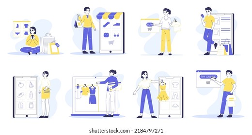 Online shopping, mobile app, e-commerce digital purchases platform. Internet store customers, people buying goods in online store flat vector illustration set. Digital shopping scenes