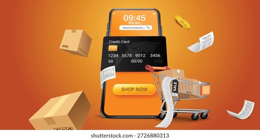 Online shopping mobile app interface with credit card payment, shopping cart, boxes, receipts and shop now button on smartphone screen, digital ecommerce checkout process, retail marketplace, online payment and delivery concept on orange background