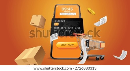 Online shopping mobile app interface with credit card payment, shopping cart, boxes, receipts and shop now button on smartphone screen, digital ecommerce checkout process, retail marketplace, online payment and delivery concept on orange background