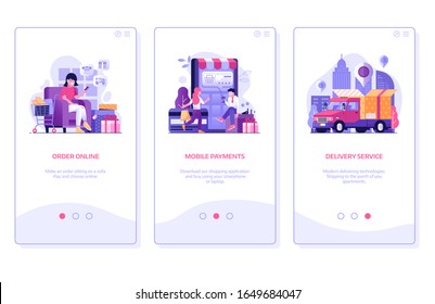 Interfaces de aplicaciones móviles de compras en línea. Tienda electrónica marketing y publicidad en pantallas de embarque con gente comprando en smartphone, haciendo pagos en línea y servicio de entrega en Internet conceptos de comercio.