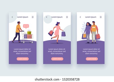 Online Shopping Mobile App Pages Template. People Character holding Shopping Bags with Purchases. Woman and Man Customers Buying Online. Flat Cartoon Vector Illustration.