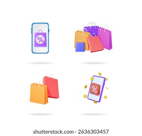 Online shopping mobile app set with smartphone, shopping bag, percent sign, and gold coin. E-commerce concept with discount offer.